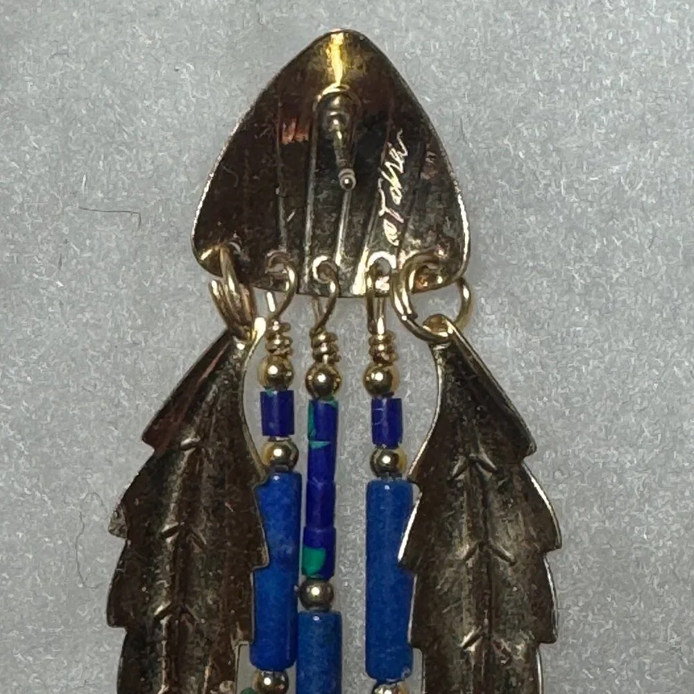 Tabra Tunoa Vintage Earrings - Malachite, Lapis Lazuli, and Gold-filled Leafs - Picture 6 of 6
